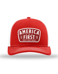 P.U.T. America First Red Patch Snapback Hats for bold American men, featuring unique cotton/polyester blend, mid pro profile