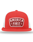 Shop the Perfect Union P.U.T. America First Red Patch Flatbill Hat, made from 80/20 acrylic/wool. Bold design with adjustable